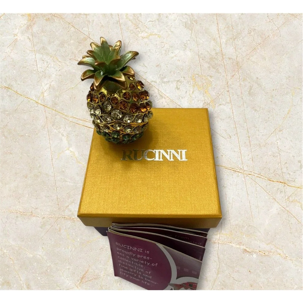 Rucinni Pineapple Trinket Jewelry Box Swarovski & Austria Crystals Enamel Hinged